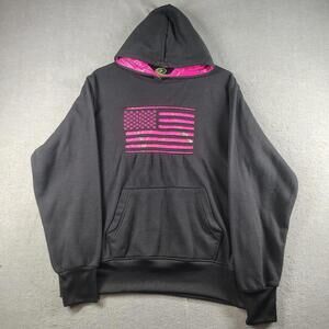 Mossy Oak Womens Large Black Pink Flag Pullover Hoodie Camo Lined EUC Warm CozyX